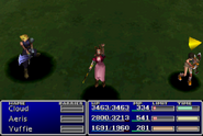 Aerith using an item on an ally in Final Fantasy VII.