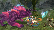 Final Fantasy Explorers-Force Gruppe kämpft gegen einen Behemoth