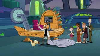 Po lewej stronie Diogee, po środku Heinz Dundersztyc, po prawej stronie Milo Murphy, Vinnie Dakota, Orton Mahlson i Balthazar Cavendish