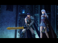 CG artwork of Ike and Micaiah, who is possessed by Yune.