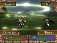 Linde casting Aura on an enemy Sniper in Shadow Dragon.