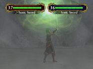 Animation still of an enemy Swordmaster casting a Wind spell with the Sonic Sword in Fire Emblem: Path of Radiance.