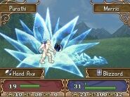 Merric casting Blizzard on a Pyrathi Pirate in Shadow Dragon.