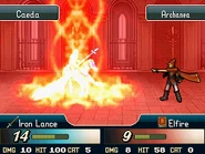 An enemy Mage casting Elfire on Caeda in New Mystery of the Emblem.
