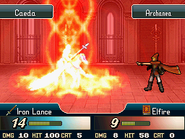 Un mago enemigo usando Elfire sobre Shiida en New Mystery of the Emblem.