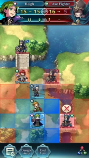 Sistema de combate en Fire Emblem Heroes. Las batallas se desarrollan en mapas de 8x6 casillas.