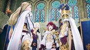 Anna, Sharena, Alfonse, and Kiran in the Book VIII opening cinematic of Heroes.
