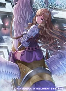 Artwork of Sumia flying above The Longfort from Fire Emblem 0 (Cipher) by Horiguchi Kousei.