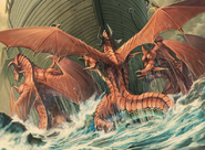 CG artwork of Red Dragons moving Ike's army's ship from Path of Radiance.