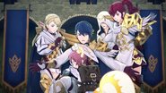 Alfonse, Sharena, Anna, Kiran, and Ratatoskr in the Book VIII opening cinematic.