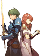 Promo artwork featuring Alm and Celica touching back-to-back.