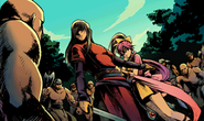 CG artwork of Nabarl protecting Feena from bandits from Shin Monshō no Nazo.