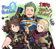 Ilustración del primer aniversario de Fire Emblem 0 (cifrado) de Homazo, con Draug, Hinata y Siegbert