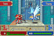 Battle animation of Shanna, a potential Falcon Knight from Binding Blade, performing a critical attack.