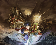 The full title screen image for Fire Emblem: Path of Radiance. Ike is front and center.