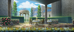 Garreg Mach's courtyard as it appears in Fire Emblem Heroes.