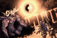 Eirika and Ephraim using the Sacred Stone of Rausten to imprison Fomortiis's soul out of his body.