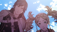 莉茲 and Chrom help the Avatar upright.