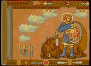 Naga depicted as a male god in a tapestry in the opening cutscene of Mystery of the Emblem.