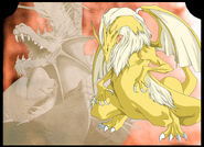 Official artwork of a Divine Dragon with a Dark Dragon in the backdrop from Mystery of the Emblem.
