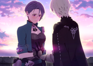 CG artwork of Shamir's S Support with male Byleth.