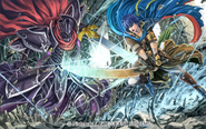 Artwork of Ike and the Black Knight for Fire Emblem 0 (Cipher) by Daisuke Izuka.