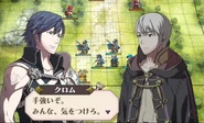 Chrom (Left) and Robin (named Jase here), a player created character (right). Note that the particular portrait for Robin here has subtle differences from the final version.