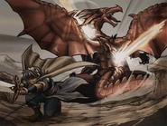 CG artwork of Marth slaying a dragon from Shadow Dragon.