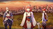 Cutscene still of Hinoka, 拓海, and 櫻 during the route split in Chapter 6.