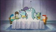 Mr. and Mrs. Shark having dinner with Milo, Oscar, Bea, and Mr. Baldwin.