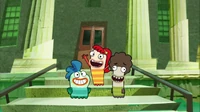 Milo, Bea and Oscar on the school step