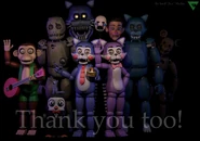 Penguin, as seen alongside all of the other animatronics in Five Nights at Candy's, (not including Nightmare Candy, as he does not appear in the game itself.) in the "Thank you too!" image on Emil Macko's blog. Oddly, the Origami Cat can be found on Penguin's head.