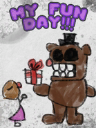 Un disegno di Freddy che consegna un regalo a un bambino.