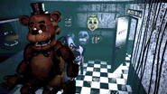 Il protagonista, infilato in un costume di Freddy durante la schermata Game Over, illuminato.