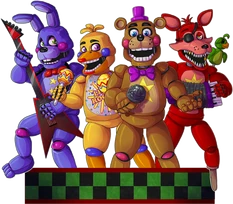 Artwork di Rockstar Freddy, Rockstar Bonnie, Rockstar Chica e Rockstar Foxy dal menu del titolo di Freddy Fazbear's Pizzeria Simulator.