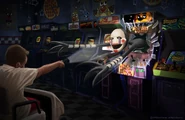 Il Puppet che salta attraverso una macchina arcade in un concept art per Five Nights at Freddy's: The Ride.
