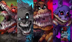 Twisted Foxy, Twisted Wolf, Twisted Freddy e Twisted Bonnie dal teaser promozionale del romanzo The Twisted Ones.