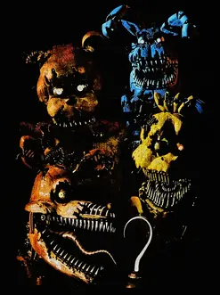 I principali nightmare animatronics visti sulla maglietta Hot Topic: Nightmare Freddy, Nightmare Bonnie, Nightmare Chica e Nightmare Foxy.