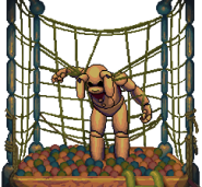 Il cadavere del Coniglio Giallo sospeso sopra la vasca delle palline.