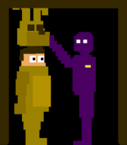 William Afton mette una maschera su un impiegato che indossa una tuta springlock in uno dei minigiochi di fine serata di Five Nights at Freddy's 4, animato.