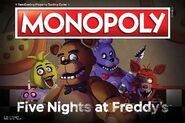 Freddy, Bonnie, Chica, and Foxy on the FNaF Monopoly game.
