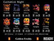 The Custom Night menu set at Golden Freddy Mode.