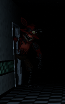 Withered foxy running down a dark hallway