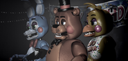 Toy Bonnie onstage with Toy Freddy and Toy Chica