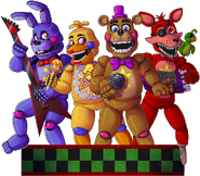 Rockstar Chica along with Rockstar Freddy, Bonnie, and Foxy in the title screen