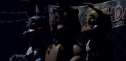 Toy Bonnie, Toy Chica and Toy Freddy onstage, unlit.