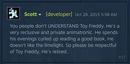 Scoot saying that Toy Freddy is retired