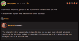 Dev's response to why the gun was changed