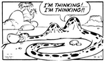 A snakeasaurus with Fred and Barney trapped in its' stomach from a March 27, 1981 comic strip.