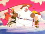 Pebbles, Bamm-Bamm, Dino and Snowball the Snowman from "Cave Kid Christmas".